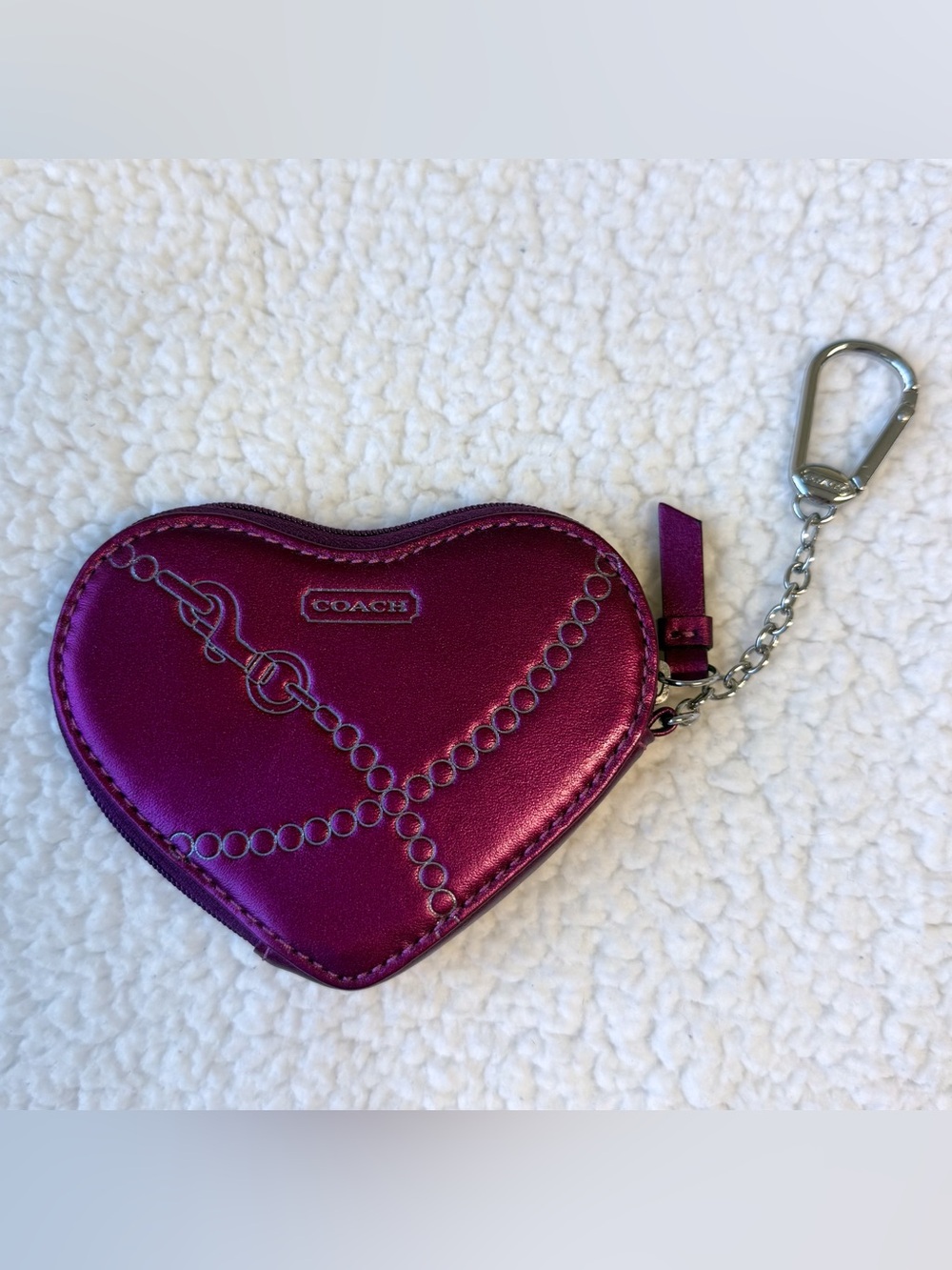 Vintage Coach Y2K Embossed Metallic Pink Heart Leather Coin Purse Bag Charm EUC